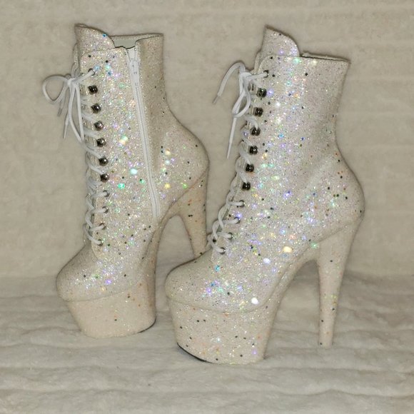 UV White Glow In The Dark Glitter 7" Platform Heel Ankle Boots Adore 1020uvlg - Picture 13 of 16
